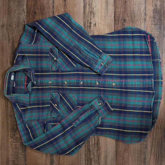 Vintage 70s Levi's Heavyweight Flannel Blue Tag Size Medium in Green and Blue - Picture 1 of 9